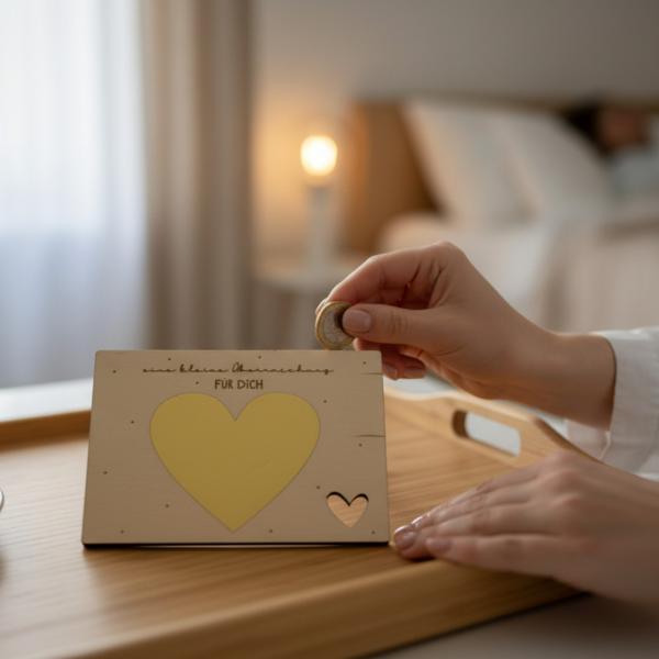 Holz‑Rubbelkarte zur Schwangerschaftsverkündung mit goldenem Rubbelherz.